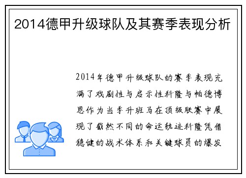 2014德甲升级球队及其赛季表现分析