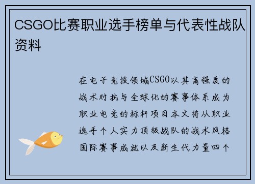 CSGO比赛职业选手榜单与代表性战队资料