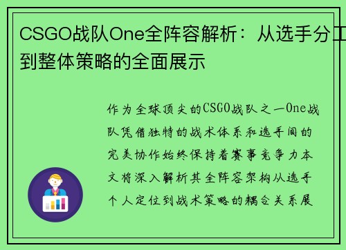 CSGO战队One全阵容解析：从选手分工到整体策略的全面展示
