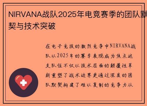 NIRVANA战队2025年电竞赛季的团队默契与技术突破